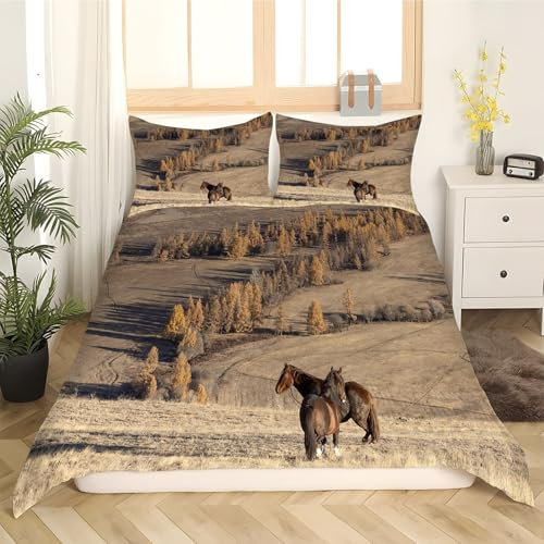 YZQGLHP Bettwäsche 135x200 Mustang Bettbezug Wiese Bettwäsche Set Mustang Bettbezüge und 2 Kissenbezug 80x80 cm, Weich Mikrofaser 3 Teilig Set mit Reißverschluss