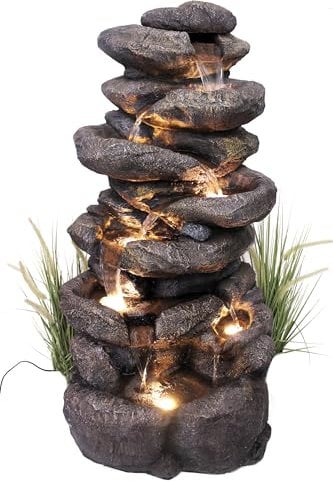 Gran Fuente de jardín BK902 con iluminación LED, Fuente de Cascada de Roca, Gran decoración de jardín, Aspecto de Piedra, 100 cm