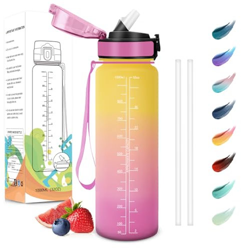 Motswedi Botella Agua 1 Litro, Sin BPA, Botella Agua con Pajita, Reutilizable, Botella Agua Gimnasio, a Prueba de Fugas, Botella de Agua, Cantimplora para Gym, Yoga, Oficina, Escuela, Amarillo Rosa
