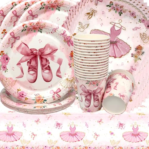 Ballerina Partygeschirr,Doyomtoy Ballerina Geburtstag Deko Baby Geburtstag Mädchen Tassen Servietten Tischdecke für Ballett Princess Party Deko Baby Shower 20 Gäste