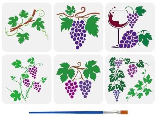 FINGERINSPIRE 6 Pz Stencil per Pittura a Forma di Vite con Pennello 20x20cm 6 Stili Modello per Disegno a Forma di Uva Calice in Vetro Piante Tema Fai da Te Modello per Pittura su Legno Parete