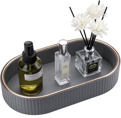 GORESE PU Leather Valet Tray Perfume Organizer, Oval Jewelry Trays Nightstand Organizer Key Bowl Trinket Dish for Dresser Bedside, Vanity Tray for Bathroom, EDC Trays for Men Women, 11×5.9 in, Gray
