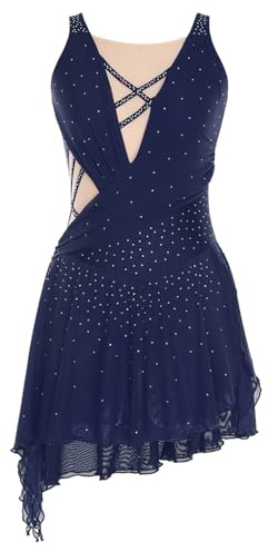 ranrann Femme Robe Patinage Artistique Robe Danse Justaucorps Gymnastique Strass Brillant Costume Spectacle Tenue Dancewear S-XXL C Bleu Marine S