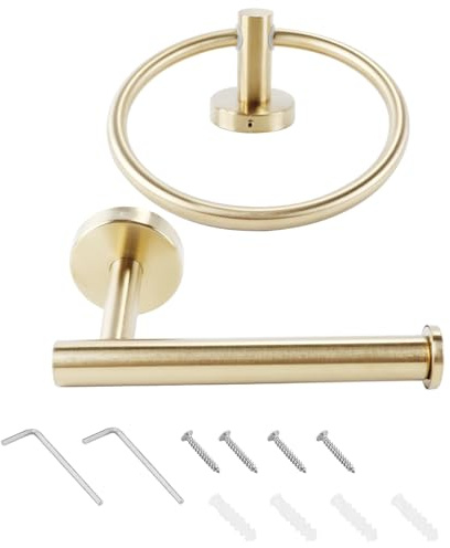 zalati 2-Piece SUS304 Stainless Steel Bathroom Hardware Set – Towel Ring & Toilet Roll Holder (Gold)