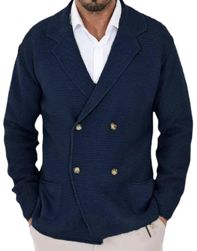 Duohropke Cardigan da uomo a maniche lunghe, giacca invernale doppiopetto, colletto alto, casual, lavorato a maglia, con bottone e tasche, maglione a maglia autunno e inverno, Blu, 3XL