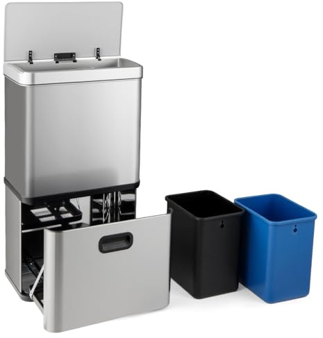 GIANTEX Cubo de Basura de Cocina 56 L con 3 Compartimentos, Papelera de Acero Inoxible con Sensor de Movimiento, Control Táctil, 2 Cubos Extraíbles y Tapa Abatible, Basurero de Reciclaje (Plata)