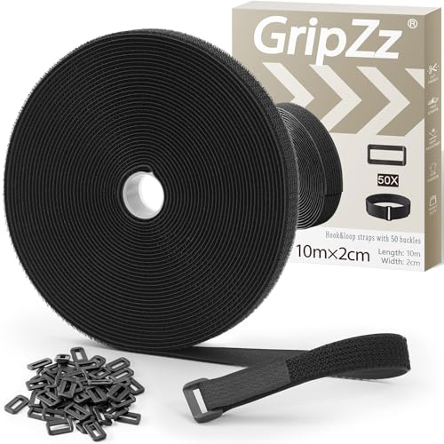 GripZz Fascette Fermacavi 10 M x 2 CM con 50 Fibbie, Fascette cavi Riutilizzabili, Fascette con Strappo Nero Cinghie e Nastro Adesivo a Strappo per Organizzare Cavi, Zaino, Tubi Flessibili