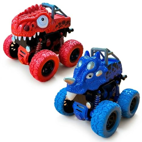 AUTOMP ‌Monster Trucks, 2 Stück Dinosaurier-Spielzeugauto Set mit Trägheitsantrieb & 360 Grad Rotierend, Push and Go Rückziehauto Geschenke für Kinder ab 3 4 5 6 7 8 Jahre (Ohne Batterien, Rot Blau)