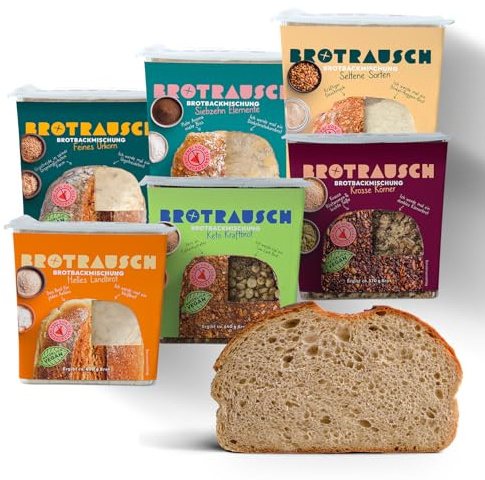 Brotrausch Brotbackmischung Probierpaket (6 x 400g) – inkl. Brotbackform, Teigzugaben & Toppings - natürlich & vegan - mit Vollkorn und Dinkel - Ballaststoff- und Proteinreich