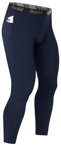 Runhit Men’s Compression Running Leggings with Pockets, Athletic Base Layer Trousers, Cycling Tights Pants for Basketball Workout Navy Blue M