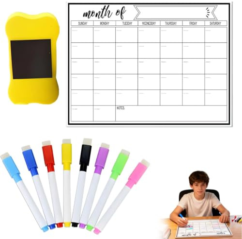 Calendario Magnético para Nevera 28x21 cm, Organizador Mensual y Semanal con 8 Marcadores Magnéticos y Borrador, Planificador de Actividades, Tareas y Eventos para Casa