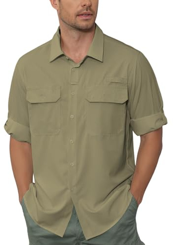 Dybycit Mens Long Sleeve Shirt Sun UV Protection Quick Drying Lightweight Outdoor Shirt Safari Fishing Hiking Travel Camping Shirts Khaki