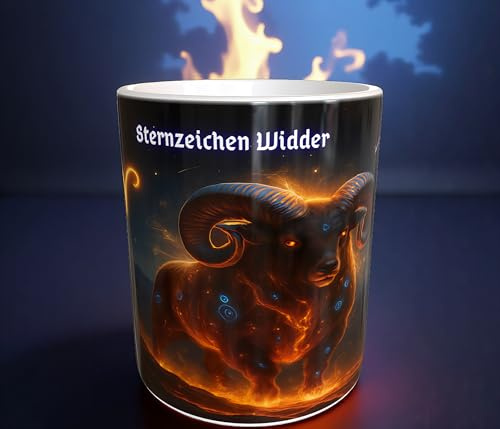 Sternzeichen Tasse Feuer Widder Motiv Sternbild Aries Lava Mond Nacht Himmel mystik magisch Krafttier Keramiktasse 330ml Kaffeetasse Teetasse Geschenkidee Horoskop Tierkreis berg gebirge mond sterne