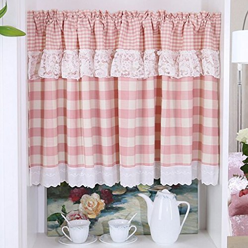 HongYa Karierte Küche Gardine Scheibengardine Tunnelzug Bistrogardine mit Spitze Rosa H/B 80/130cm