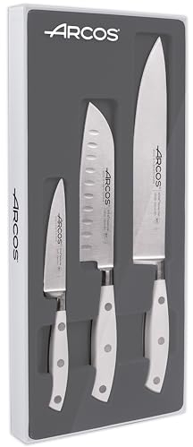 Arcos Messer-Set Geschmiedet 3-teilig - Edelstahl mit Dünner Klinge und Charakteristischem Weichem Rand, Ergonomischer Griff aus Polyoxymethylen (POM) - Serie Riviera Blanc, Farbe Weiß