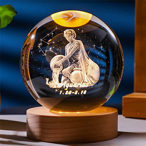 Laser Gravé Signe du Zodiaque Cristal Balle Miniature 3D Cristal Artisanat Décoration en Verre Sphère Décoration de La Maison Accessoires Cadeau (Aquarius, 3.15 inches)