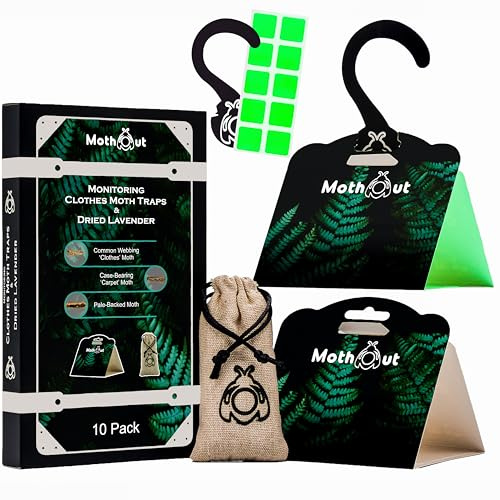 MothOut 10 Pheromone Clothes Moth Traps, Carpet Moth Trap + Lavender Freshener + 10 Glowing Pads + eBook with Moths Prevention & Protection Techniques, Cloth Moths Monitoring Traps Detecting Activity