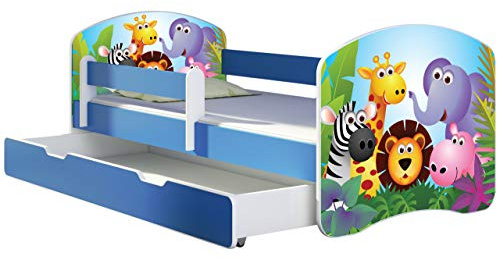 ACMA Kinderbett 140x70 cm Blau mit Bettkasten, Matratze & Lattenrost – Jugendbett mit Rausfallschutz, personalisiertes Motiv 01 Zoo, Kinderzimmer, belastbar bis 120 kg