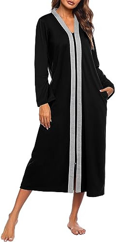 Ekouaer Damen-Bademantel mit Reißverschluss, langärmelig, Loungewear, leicht, Hausmantel, volle Länge, Nachthemd mit Taschen, Schwarz, Medium