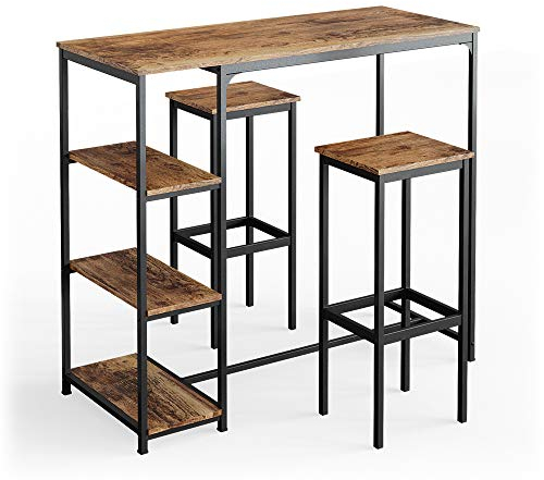 Vicco Bartisch-Set Fyrk, Eiche rustikal/Schwarz, 120 x 50 cm mit Regalen und 2 Barhockern