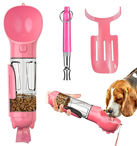 Dog Water Bottle 4 in 1 Portable Pet Water Bowl Dispenser with Dog Whistle, Pet Travel 10OZ (300ML) Water Cup with Food Container, Poop Collection Shovel, Garbage Bag for Dogs Cats Walking and Travel