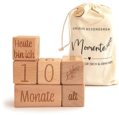Mikito Baby Meilensteinblöcke auf deutsch - 6-teiliges Set Blöcke und unzähle Meilensteine für die Schwangerschaft und den Wachstum deines Babys - für Mädchen und Junge.