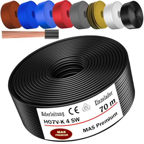 MAS Premium Von 5 bis 100m Aderleitung H07 V-K 4 mm² Schwarz, Braun, Dunkelblau, Grüngelb, Grau, Hellblau, Weiß oder Rot Einzelader flexibel (Schwarz, 70m)