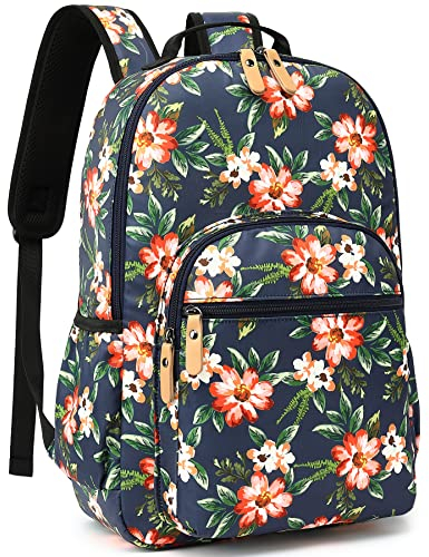 Leaper Stilvoller Schulrucksack für Mädchen und Damen, Laptop-Rucksack, wasserabweisend, Reisetasche, Schulranzen, College-Rucksack, Büchertasche, Dunkelblau-orange Blume, Large