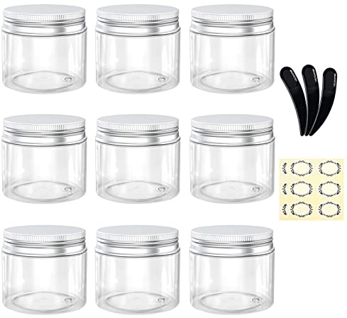Alledomain Leere Kunststoffgläser mit 3 Mini-Spateln und 12 Etiketten, rund, transparent, Kosmetik-Probenbehälter mit Inneneinsätzen und Aluminiumdeckel, Reiseaufbewahrung für Lotion, Creme, Salben,