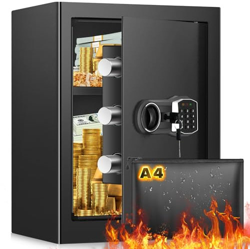 Cassaforte per la casa da 2,8 cm, impermeabile, a prova di fuoco, grande cassaforte ignifuga con borsa per documenti ignifuga, chiave con tastiera digitale e ripiano rimovibile, sicurezza personale