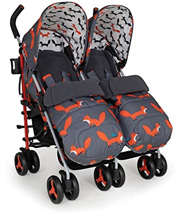 Cosatto Supa Dupa Doppelbuggy – Kinderwagen ab Geburt bis 25kg. Leicht, kompakt faltbar, mit Fußsäcken, Getränkehalter & Regenschutz (Charcoal Mister Fox)
