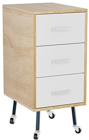 Ribelli Nachttisch mit 3 Schubladen, Beistellschrank mit Rollen & Metallbeinen, Kleiner Schrank aus Holz, Kommode Schmal, ca. 30 x 40 x 60 cm