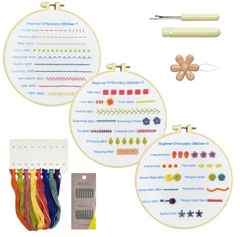 KRYMSON Juego de 3 piezas de bordado para principiantes, 1 enhebrador de aguja y 1 removedor de costuras, kit de bordado a mano, kit de punto de cruz, kit de bordado para principiantes
