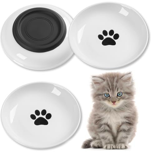 Kitwinney Cat Food Bowls, Whisker Friendly Ceramic Cat Bowls with Nonslip Silicone Bottom, Pack of 3 Quiet Cat Dishes and Plates for Feeding Indoor Cats, Kittens and Small Dogs(Cat Paw)