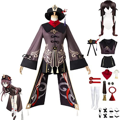 ZHAOSJ Genshin Impact Hu Tao Cosplay Kostüm Outfit Spiel Anime Charaktere Uniform Kleid Komplettes Set Halloween Dress Up Anzug mit Perücke Hut