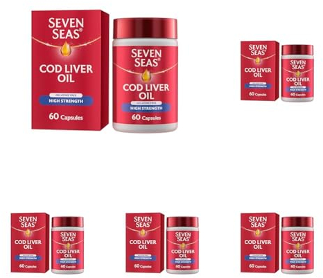 Seven Seas High Strength Cod Liver Oil Tablets with Omega-3, Fish Oil, Gelatine Free, 120 Capsules, EPA & DHA, Plus High Strength Vitamin D (Pack of 5)