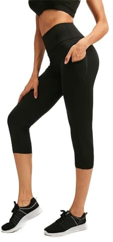 COTOP Laufhose Damen 3/4, Sport Leggings mit Handytasche, High Waist Carip Sporthose, Blickdicht und Atmungsaktiv Yogahose für Gym, Fitness, Jogging (Schwarz M)