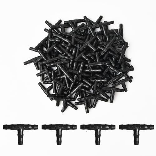Riego Conectores por Goteo, 100 Piezas 4/7 mm Conectores en T de Plástico, Kit de Goteo para Riego de Tubos, Tee Pipe aspersión Junta de Tubo de Púas para Césped, Jardín Sistema de Riego