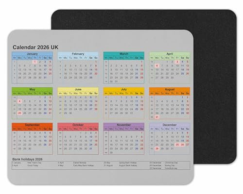 Vixar Calendar 2026 Mouse mat pad for UK with Holiday Non Slip PC Desktop Laptop for office school work home (Grey)