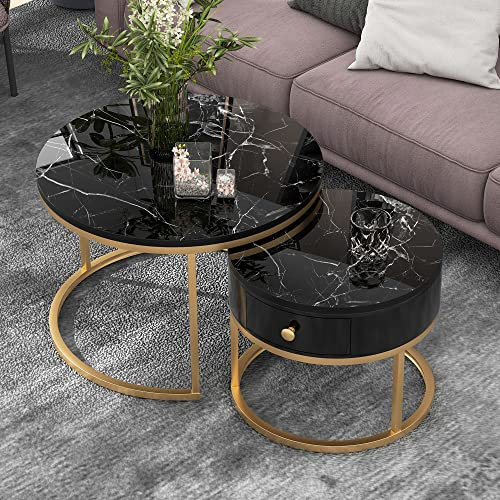 Merax Couchtisch Rund, Satztisch 2er Set, Moderne Beistelltisch Wohnzimmertisch Nesting Kaffeetisch mit Schublade, Gold Metallgestell, Marmormuster, Sofatische für Schlafzimmer Balkon Büro, Schwarz