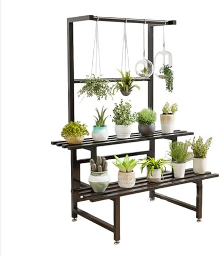 2-Tier hängende Pflanze Stand Treppe Regal mit hängender Bar Kohlenstoffstahl Metall Pflanzenständer Blumentopf Organizer für Balkon Patio Indoor Outdoor