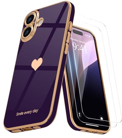 Teageo for iPhone 16 Case with 2 Screen Protector Heart Pattern for Women Girls Luxury Bling Plating Soft TPU Anti-Scratch Shockproof Bumper Phone Case for iPhone 16, Dark Purple