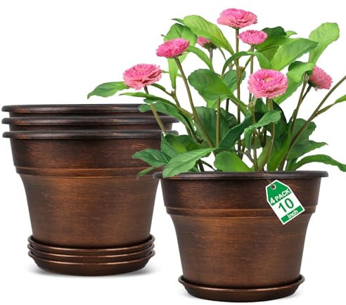 Set di 4 vasi per piante da 25,4 cm, in plastica per piante da interno con fori di drenaggio e vassoi, set di contenitori decorativi in resina con sottovaso, per piante da giardino all'aperto in rame