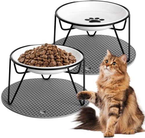 Quyimy 2Pcs Cat Bowl, Ceramic Raised Cat Food Bowl, Elevated Pet Bowl,Anti Vomiting Cat Feeding Bowl, Non Slip Cat Dish with 2 Non-Slip Mats (Fish&Pat)