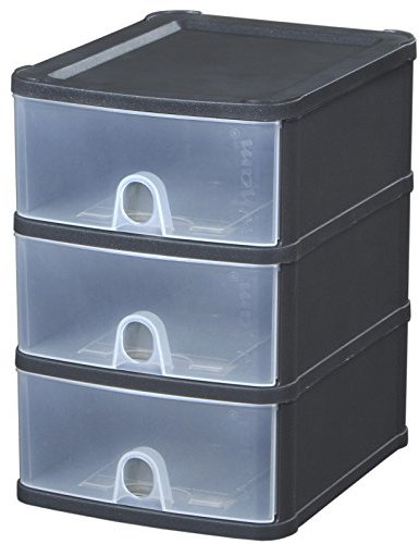 Schubladenbox DIN A5 mit 3 Schubladen 25x20x29 cm - schwarz-transparent Kunststoff Drawer Tower Box Organizer für Schreibtisch Easy-Pull-System