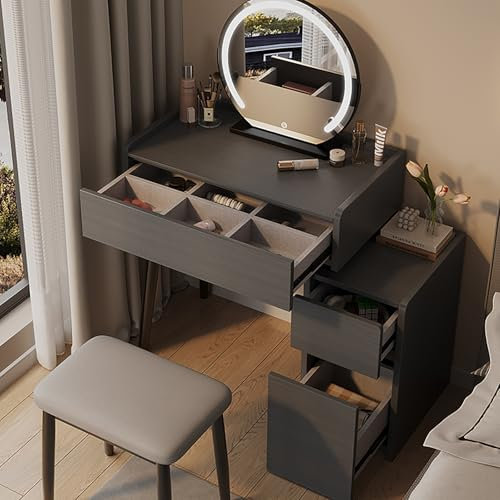 USFJATI Schminktisch mit Spiegel Frisiertisch mit Schubladen 3 Beleuchtungsmodi Helligkeit Einstellbar Modern Kosmetiktisch for Schlafzimmer gepolsterter Hocker for Frauen und Mädchen(70cm/27.5in)