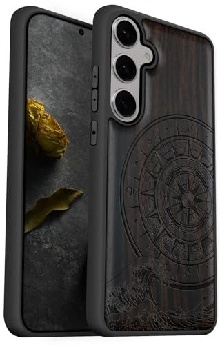 Carveit Natürlich Holz Handyhülle für Samsung S25 hulle [Einzigartiges Design Cover] Stoßstange Case Kompatibel mit Galaxy S25 Hülle（Dunklesholz-Der Kompass vor Kanagawa Waves）