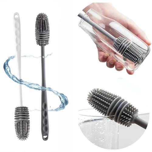 Fonyiunce 2 Stück Flaschenbürste, Flaschenbürste Silikon, Langgriff Flaschenbürste Flaschenreiniger, Reinigungsbürste für Küchengeräte, Spülbürste, Gläserbürste, für Schmaler Öffnung Isolierkannen Va