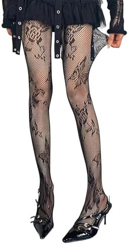 GOZINA Strumpfhosen Damen Muster Schmetterlingsblumen, Transparente Netzstrumpfhose Schwarz Strumpfhose Mit Spitzenabschluss