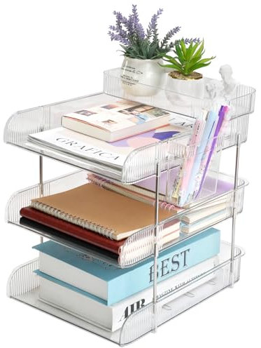 Jiayaus Desk Letter Tray Clear Paper Storage Trays with Pen Holder, Stackable A4 File Tray Paper Organiser, Document Letter Holder Book Storage Rack for Office Home School